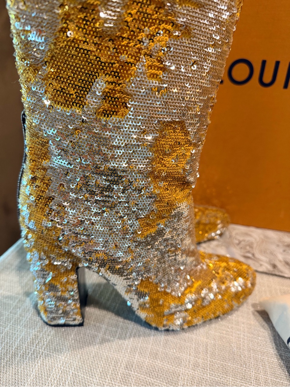 Louis Vuitton Gold and Silver Sequin Knee-High Heeled Boots - Picture 4 of 5